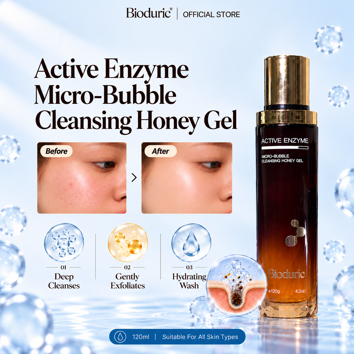 BIODURIC Active Enzyme Micro-Bubble Cleansing Honey Gel | Deep Cleansing & Gentle Exfoliation | 120ML