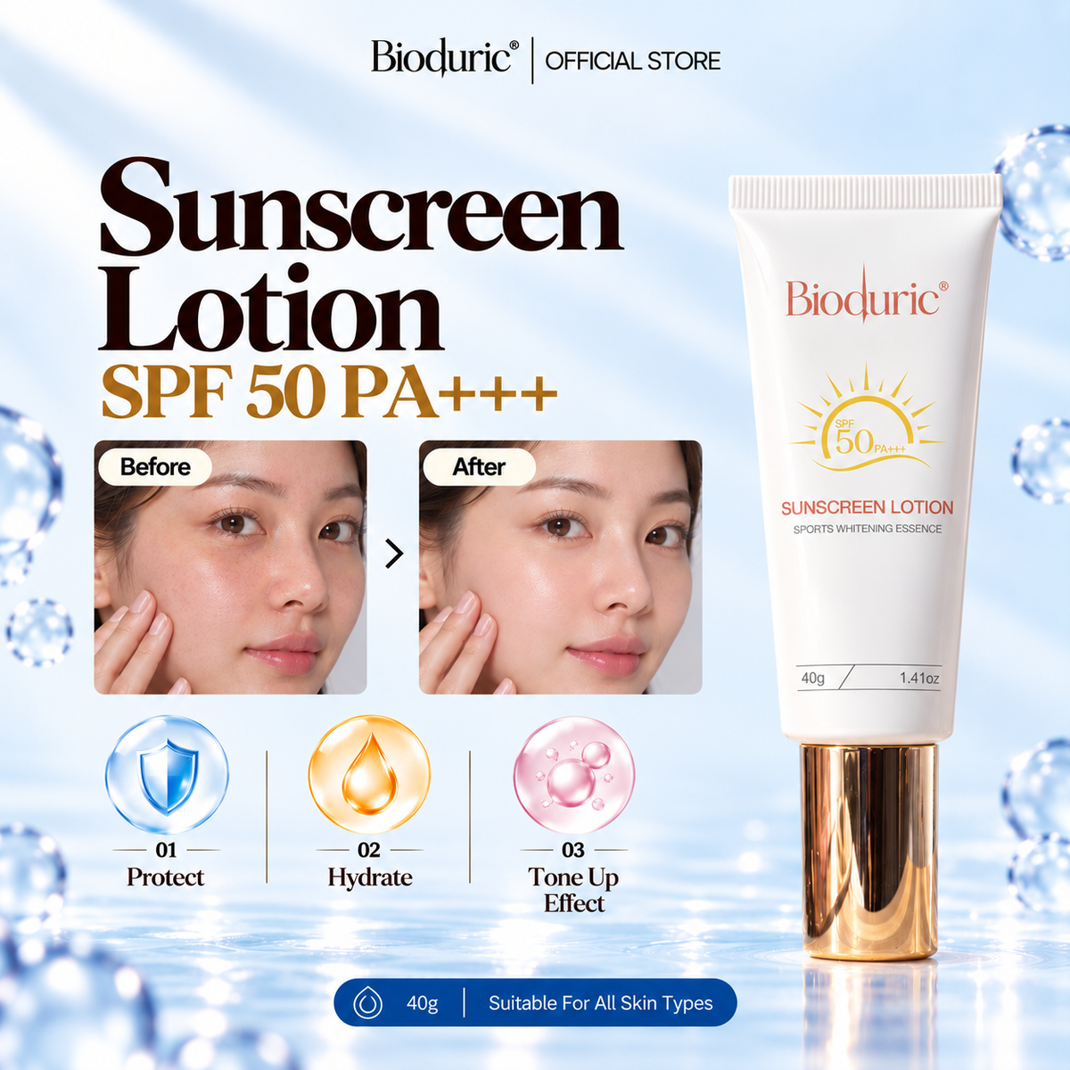 BIODURIC Sunscreen Lotion - SPF50 PA+++ UV Protection | Hydrating Care | 40G
